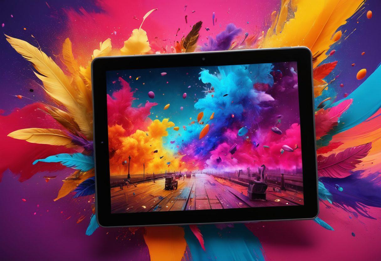 A dynamic collage showcasing an array of storytelling elements: a digital tablet displaying vibrant story transitions, swirling ink droplets forming narrative arcs, and various visual symbols like a quill and a camera. In the background, a burst of colors symbolizing creativity and imagination, connecting the past and future of storytelling. super-realistic. vibrant colors. 3D.